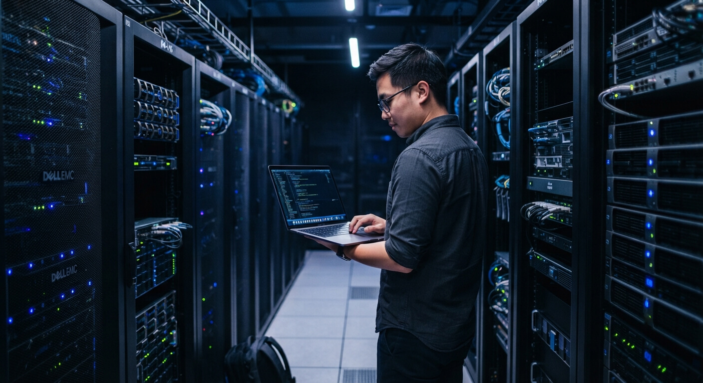 IT specialist working in a server room